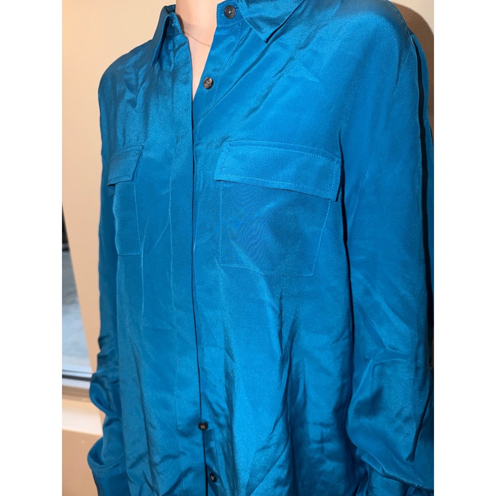 Anne Taylor 100% Silk Blouse Teal Blue Double Pocket Button Down Shirt - Picture 5 of 12